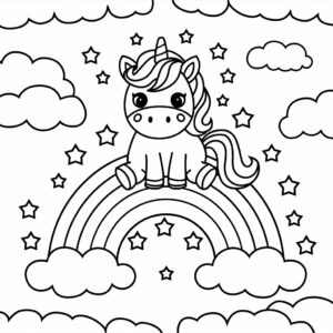 Página para colorear: unicornio con arcoíris