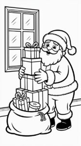Descarga gratis ahora la página para colorear de Papá Noel con regalos