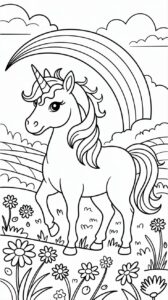 Páginas para colorear de unicornios con arcoíris