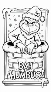 Grinch enfadado en la chimenea: lámina para colorear gratuita. Descárgala ya y disfruta coloreando al Grinch.