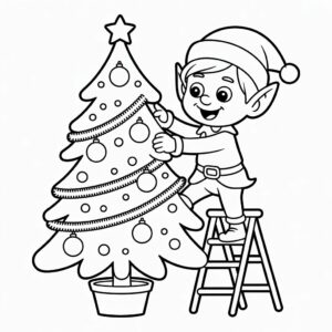 Lámina para colorear descargable – elfo con árbol de Navidad
