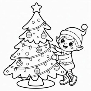 Duende con árbol de Navidad: página para colorear en PDF