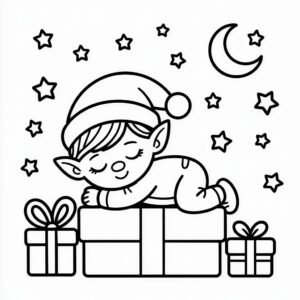 Elfo duerme sobre una página para colorear de un regalo en PDF