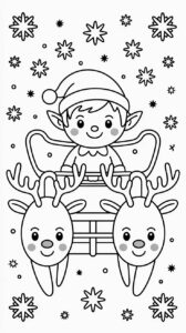 Página para colorear gratis de un elfo en un trineo con renos