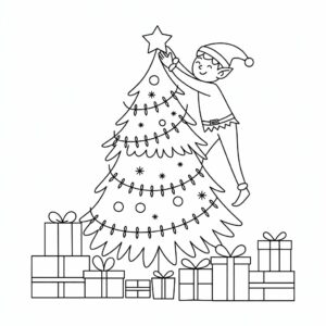 Imprimible gratis: elfo decora el árbol de Navidad
