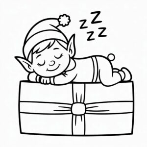Imprimible gratis: ¡Elfo duerme sobre un regalo!
