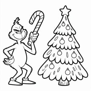 Página para colorear del Grinch con bastón de caramelo y árbol de Navidad – imprime ahora
