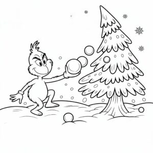 Grinch lanzando bolas de nieve - página para colorear