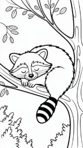 Dibujo para colorear gratis de un mapache durmiendo en un árbol