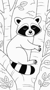 Descargar página para colorear de un mapache durmiendo en un árbol