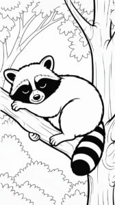 Página para colorear imprimible de un mapache durmiendo en un árbol