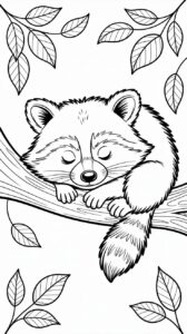 Dibujo imprimible de un mapache dormido en un árbol