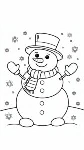 Página para colorear de copo de nieve con muñeco de nieve