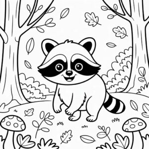 Descarga ya la lámina para colorear de un mapache en el bosque