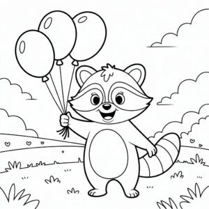 Descarga ahora la página para colorear de un mapache con globos.