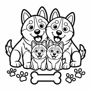 Familia de huskies felices con dibujo para colorear de hueso
