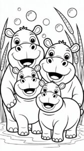 Hipopótamos felices en familia: página para colorear