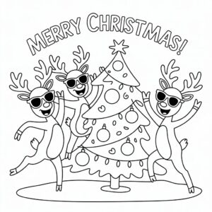 Páginas para colorear de renos bailarines y árbol de Navidad