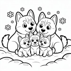Familia de huskies en la nieve - página para colorear