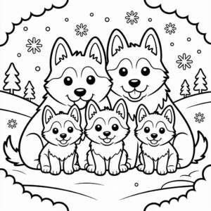 Familia de huskies en un paisaje nevado para colorear