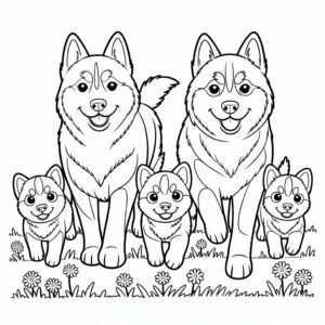 Familia de Husky caminando en el césped - página para colorear