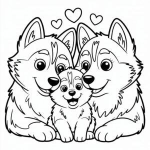 Husky: momento de caricia con un cachorro - página para colorear