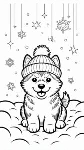 Husky con gorro de invierno: página para colorear