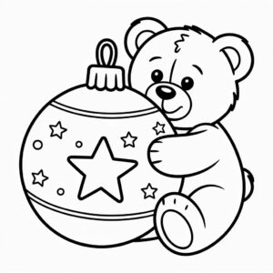 Kerstbeer abraza una bola de Navidad con una lámina para colorear de una estrella