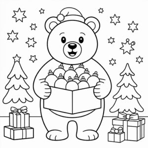 Kerstbeer: hoja para colorear de Navidad con una caja llena de bolas navideñas