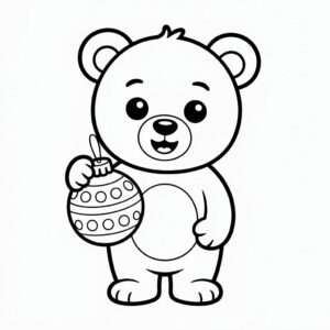 Kerstbeer con bola de Navidad en la mano - página para colorear