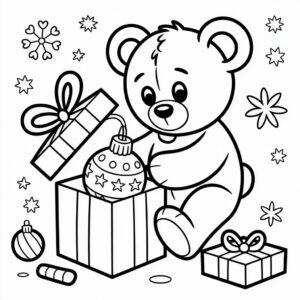 Kerstbeer abre un regalo: página para colorear