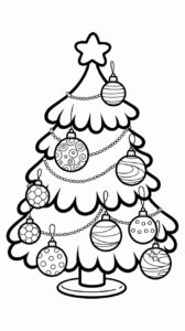Dibujo para colorear: árbol de Navidad con bolas navideñas alegres.