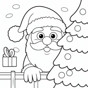 Papá Noel asoma detrás del árbol de Navidad: página para colorear
