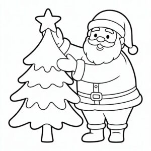 Kerstman pone la estrella en el árbol de Navidad - página para colorear