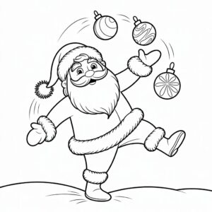 Dibujo para colorear: Papá Noel malabarea con bolas navideñas