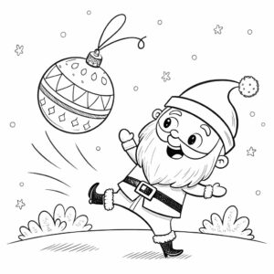 Página para colorear: Papá Noel juega con una gran bola navideña
