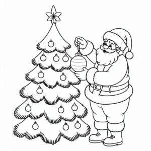 Dibujo para colorear: Papá Noel decora el árbol de Navidad