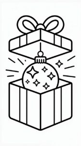 Página para colorear de una bola de Navidad como regalo con estrellas brillantes
