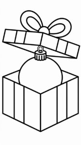 Página para colorear: bola de Navidad dentro de una caja de regalo con lazo