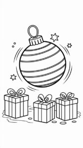Dibujo para colorear de una bola de Navidad con tres regalos debajo
