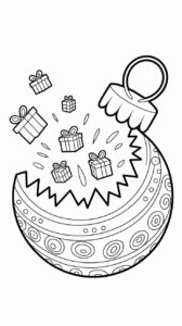 Plantilla para colorear: bola de Navidad abierta, llena de regalos.