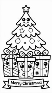 Página para colorear: regalos sonrientes bajo el árbol de Navidad