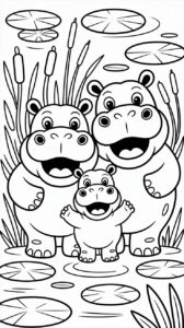 Hipopótamos en el estanque: lámina para colorear.