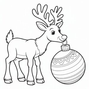 Reno muerde la bola de Navidad: dibujo para colorear