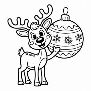 Página para colorear de un reno con bola de Navidad