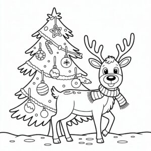 Reno con bufanda para colorear - página para colorear de árbol de Navidad