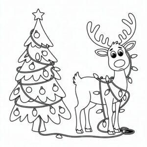 Reno atrapado en luces navideñas: página para colorear