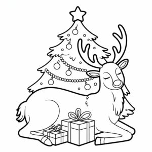 Dibujo para colorear de un ciervo tranquilo bajo el árbol de Navidad