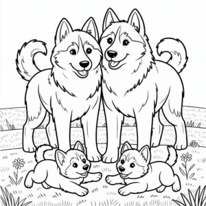 Página para colorear: una familia de huskies jugando en el campo