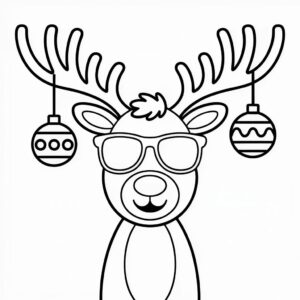 Reno con estilo y bolas de Navidad: página para colorear.